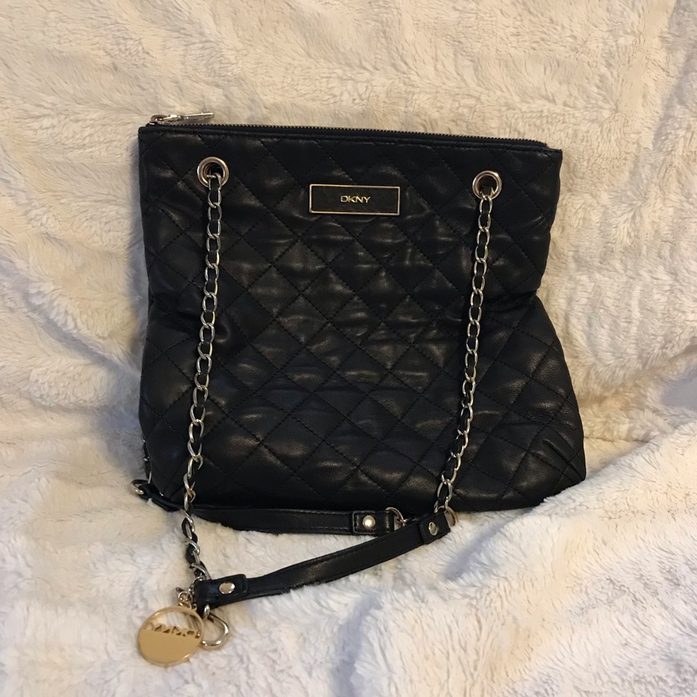 DKNY black Genuine Leather Bag with gold chains